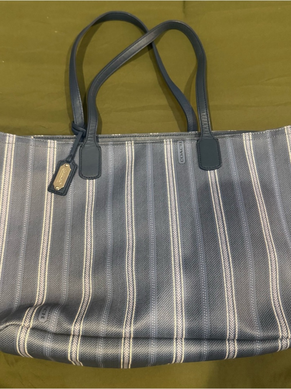 Authentic Coach Navy and White Striped Legacy Tote